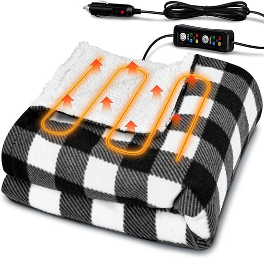 12V Car Heated Blanket 59"x39"Portable Heated Blanket for Travel with 4 Heating 4 Timing Settings Soft and Comfortable for Car SUV Camping（Black&White）