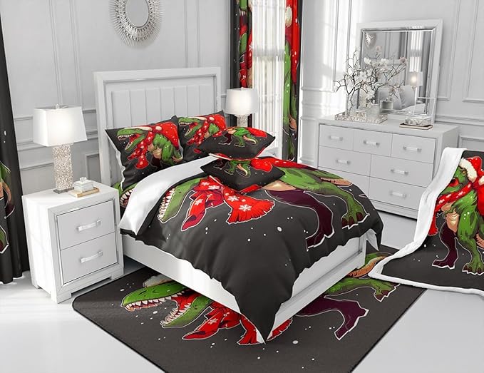 Manfei Green Dinosaur Kids Sheet Set Full Size, Dinosaur Santa Claus Bedding Set for Boys Girls Teens Bedroom Decor, Christmas Theme Bed Sheet Set 4pcs (Fitted Sheet, Flat Sheet, 2 Pillowcases)