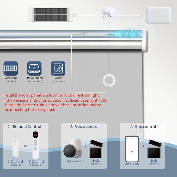 Motorized Blackout Electric Blinds with Remote, Solar Panel, Alexa Compatible
