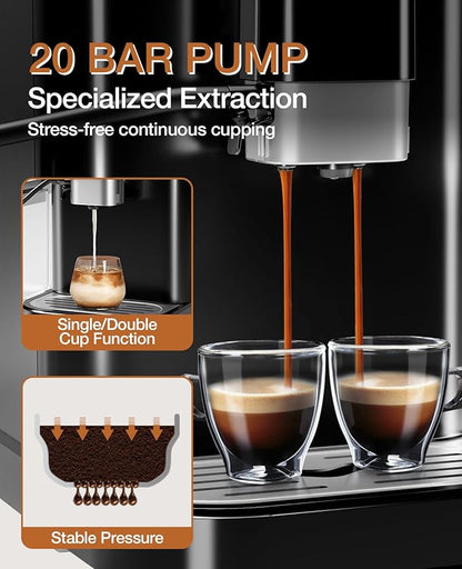 Fully Automatic Espresso Machine, Espresso & Coffee Machine with Automatic Milk Frother, Built-In & Adjustable Espresso Bean Grinder, Touch Screen Coffee Machine with 1.5 L Water Tank