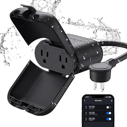 ELEGRP PQR20 Outdoor Smart Plug Waterproof IP66, WiFi Plug with 2 Individually Sockets, Compatible with Alexa & Google Assistant, Smart Outdoor Outlet for String Lights, UL Certified, 1 Pack, Black