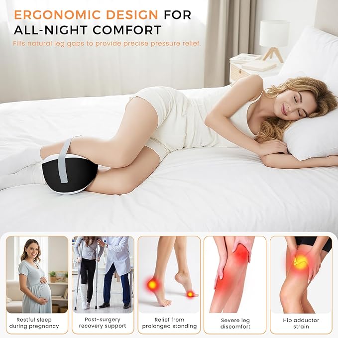 Knee Pillow for Side Sleepers, Memory Foam Leg Pillow for Spine Alignment, Sciatica, Hip & Joint Pain Relief, Breathable Cover & Adjustable Strap for Side/Back Sleepers