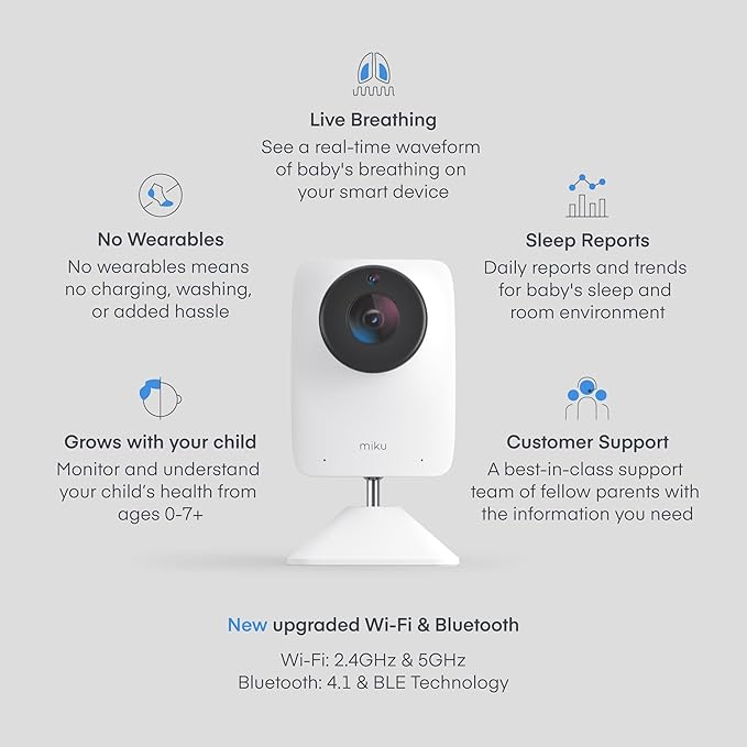 Miku Pro Smart Baby Monitor with Camera, Track Live Breathing with No Wearable, Real-Time Alerts, Sleep Analytics, 1080p Wi-Fi Video, Night Vision, and 2-Way Audio, Wall Mount Included