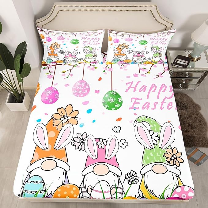 Cute Gnome Fitted Sheet Queen Size Happy Easter Eggs Flowers Bedding Set for Kids Bedroom Cartoon Floral Spring Bed Sheet Set 3pcs White Colorful Deep Pocket Mattress Cover,No Top Flat