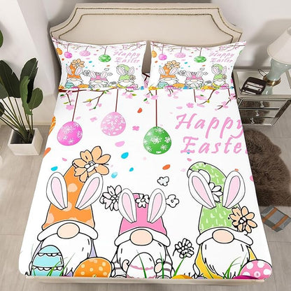 Cute Gnome Fitted Sheet Queen Size Happy Easter Eggs Flowers Bedding Set for Kids Bedroom Cartoon Floral Spring Bed Sheet Set 3pcs White Colorful Deep Pocket Mattress Cover,No Top Flat