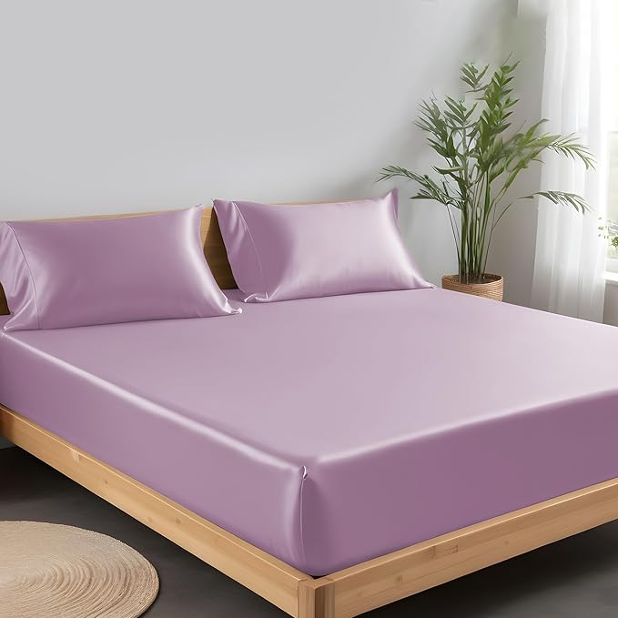 LINENWALAS Fitted Sheet Only Viscose Derived from Bamboo, Bottom Sheet for California King Size Bed – 16” Deep Pocket, Snug Fit – Cooling, Breathable, Soft, Hypoallergenic (Lilac, Cal King)