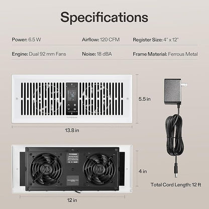 VIVOSUN Quiet Register Booster Fan for 𝟒" 𝐱 𝟏𝟐" Holes, Cooling Heating Vent Fan with 10-Speeds App Control &Adjustable Wind Direction, Thermostat Control for Bedroom, Bathroom &Attic, White