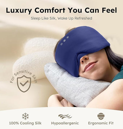 Luxury Bluetooth 5.4 Sleep Mask for Adults - Ice Fiber Cooling & HD Sound, 100% Light Blocking Adjustable Eye Cover for Travel & Side Sleepers - Soft Sleep Headphones with 10H Playtime (Blue)