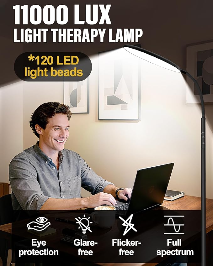 Light Therapy Lamp, 11000 Lux UV-Free Happy Therapy Lamp with Touch & Remote Control, Full Spectrum Sunlight Lamp with 10 Brightness & 3 Color Temperatures, Light Therapy Floor Lamp with Timer
