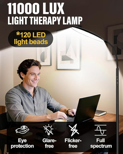 Light Therapy Lamp, 11000 Lux UV-Free Happy Therapy Lamp with Touch & Remote Control, Full Spectrum Sunlight Lamp with 10 Brightness & 3 Color Temperatures, Light Therapy Floor Lamp with Timer