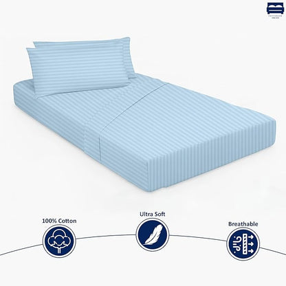 Light Blue Stripe 4 Piece Cot Bed Linen Set - 1 Fitted Sheet 33" x 75", 1 Flat Sheet 64"x 94", 2 Pillow Cases 20"x 30" Perfect for Guest Beds