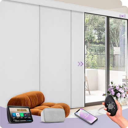 Graywind Rechargeable Smart Sliding Panels Compatible with Alexa Google Motorized Panel Track Blinds Remote Control for Patio Sliding Door Closet Door Width Up to 177" Custom Size (White)