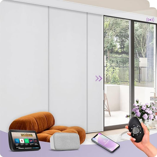 Graywind Rechargeable Smart Sliding Panels Compatible with Alexa Google Motorized Panel Track Blinds Remote Control for Patio Sliding Door Closet Door Width Up to 177" Custom Size (White)