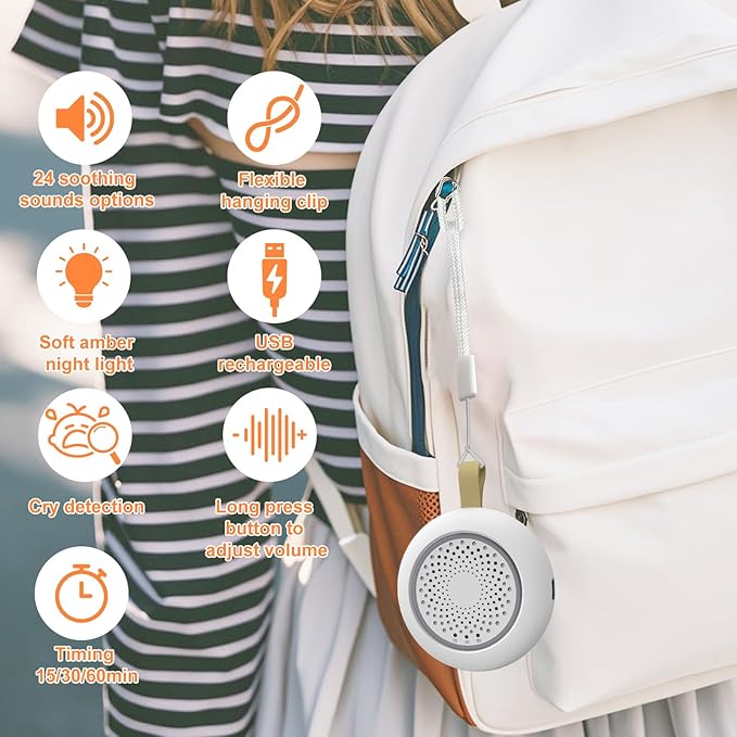 Portable White Noise Sounds Machine with Nightstand Mode, 24 Soothing Sounds, Support Crying Sounds Detection and Timer, Rechargeable Sleep Machine for Helping Comfort Baby Sleep