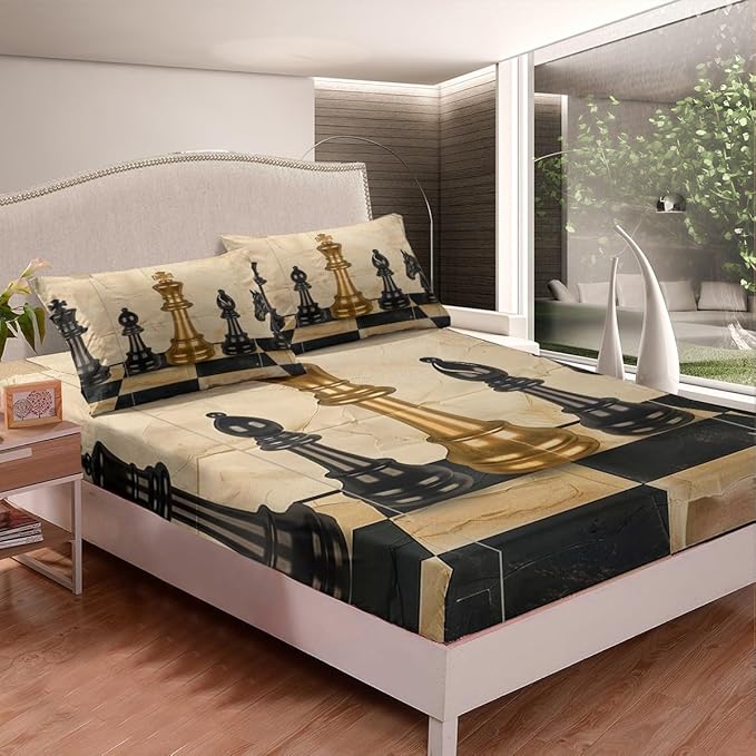 International Chess Bed Sheet 4 Piece,Vintage Chess Sports Game Theme Sheets Full Size Bed Set,Retro Brown Black Checker Grids Marble Print Bedding Set with Flat,Fitted Sheet,2 Pillow Cases