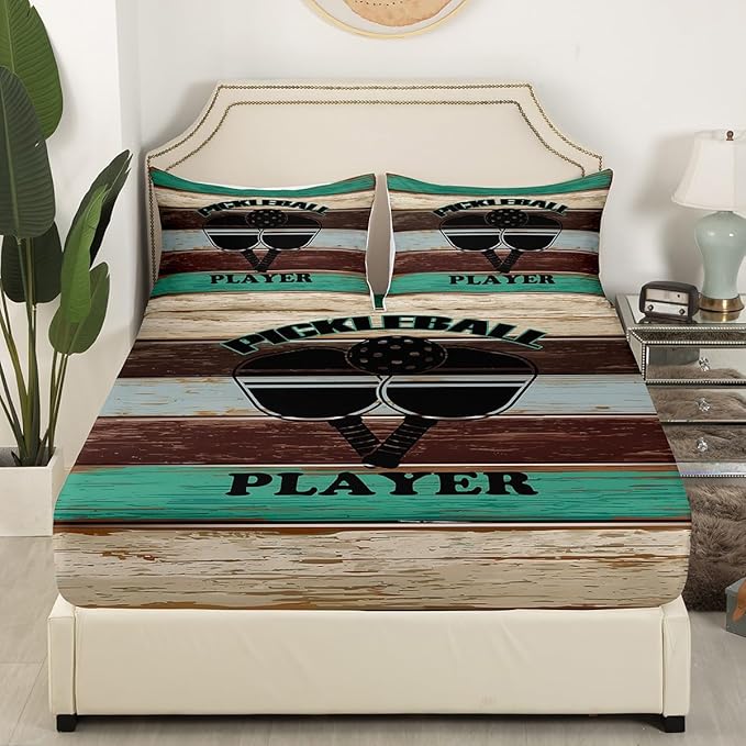 Manfei Pickleball Kids Sheet Full Size,Geometric Wooden Plank Rustic Bedding Set,Boys Girls Room Decor,American Tennis Sports Competition Games Brown Bed Sheet Set 4pcs(Fitted + Flat + 2 Pillowcases)