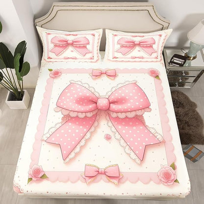 Pink Bowknot Fitted Sheet,Vintage Lace Polka Dots European Princess Sheet Set for Women Ultra Soft Room,Fairy Tale Cute Bow-tie Roses Beige Bedding Set with 2 Pillowcases,Queen Size