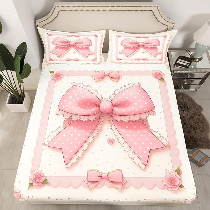 Pink Bowknot Bedding Set Full Size,Vintage Lace Polka Dots European Princess Fitted Sheet,Fairy Tale Cute Bow-tie Roses Beige Sheet Set for Kids Teens Adults Bedroom Decor,2 Pillowcases