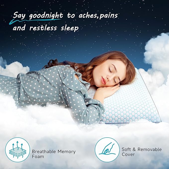 Memory Foam Pillows for Side, Back and Stomach Sleepers, Set of 2, Bed Pillow with Washable Cover and Breathable Mesh, Bed Pillow for Sleeping (Blue，King Size)