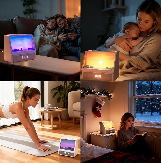 Sunrise Alarm Clock for Bedrooms, White Noise Machine Creative Simulated Sunrise Animation with 7 Modes, 12 Natural Sounds, Music Speaker & Remote, Wake Up Light Sunset Lamp Gifts for Heavy Sleepers