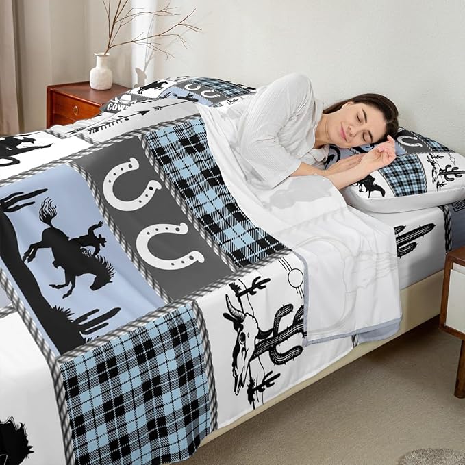 Western Cowboy Kids Sheet Full Size,Horseshoes Cactus Rustic Farmhouse Bedding Set,Boys Girls Adults Room Decor,Arrow Geometric Plaids Blue Retro Bed Sheet Set 4pcs(Fitted + Flat + 2 Pillowcases)