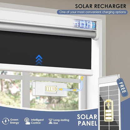 Motorized Roller Blinds with Remote Control & Solar Panel - 100% Blackout Smart Blinds, Automatic, Cordless, Electric Shades - Compatible with Alexa - Black, 46" W x 72" H