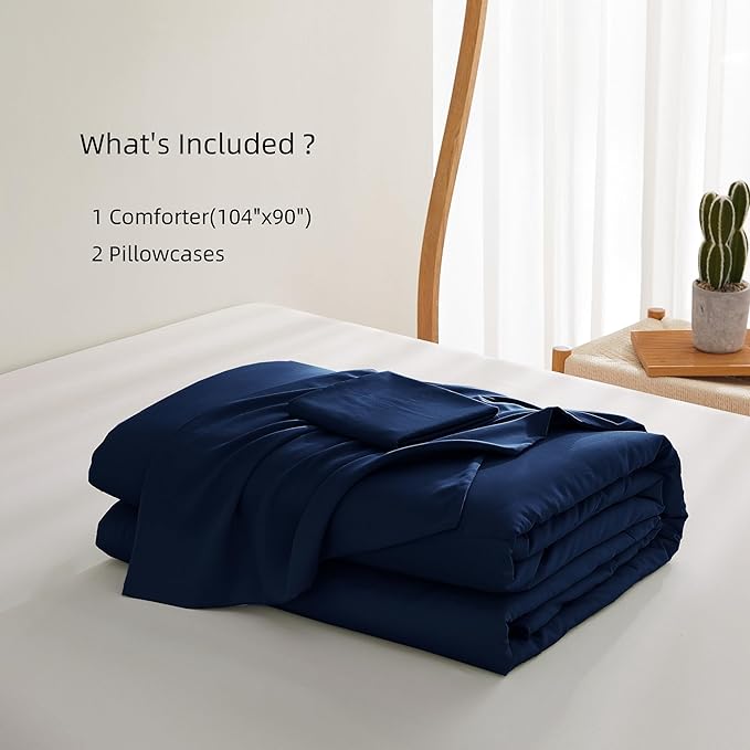 Zaizaihome Natural Bamboo Viscose Comforter Set King Size 3 Pieces, All-Season Soft Breathable Moisture-Wicking Quilt with Matching Pillowcases, Machine Washable, Quilted Fluffy Comforter (Navy Blue)