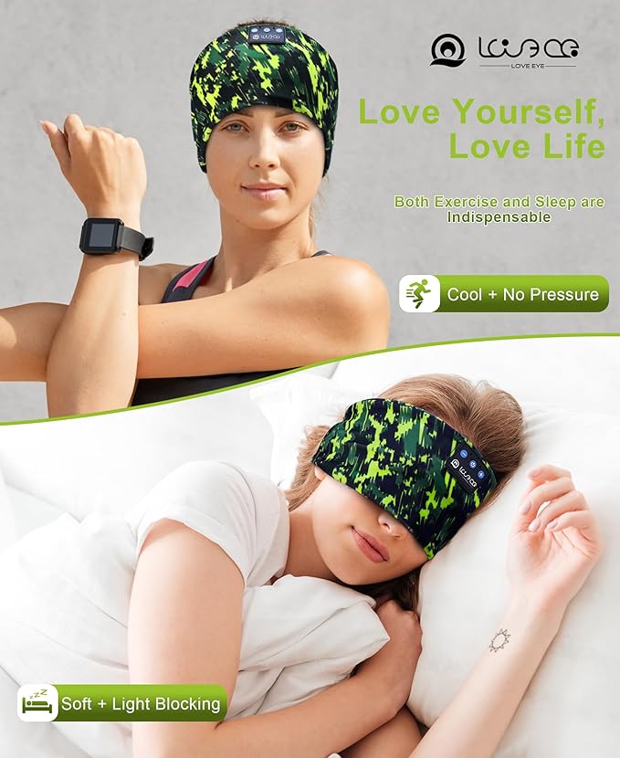 LOVE EYE Sleep Headphones Wireless Headband Headphones Bluetooth 5.4 for Side Sleeper Bluetooth Headband Earphones for Sports for tech Gadgets Gifts (Painting Green)