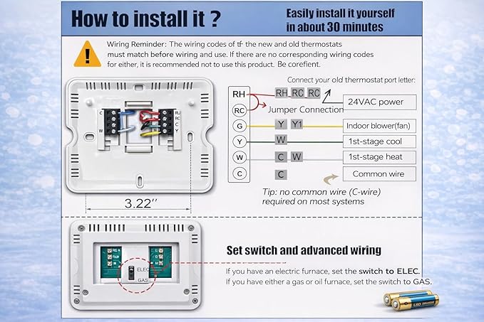 Non-Programmable Thermostat (Batteries Included) for Home 1 Heat/1 Cool Conventional Single-Stage Systems Blue Backlight (DIY Friendly)