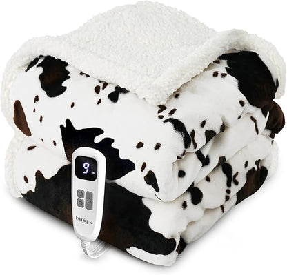 Heated Blanket Twin Blanket - Fast Heating Electric Blanket, Soft Flannel Heated Twin with 4 Time Settings,10 Heating Settings, Warm Gifts for Women & Mom & Grandma(62"x84"Cow Print White)