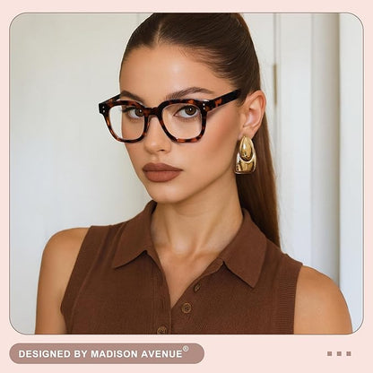 Madison Avenue Oversized Blue Light Blocking Glasses for Women Fashion Blue Light Blockers Anti Eyestrain & UV Protection Computer Eyeglasses (Dark Tortoiseshell)