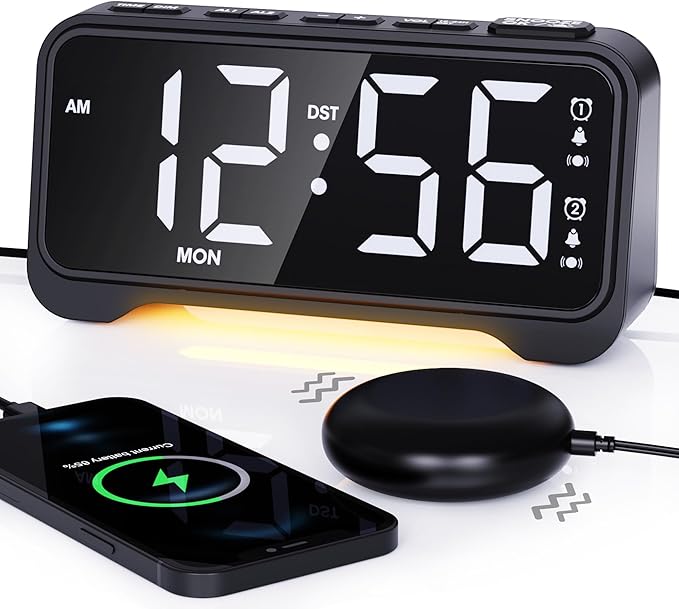 Loud Alarm Clock for Heavy Sleepers Adults, Vibrating Alarm Clock for Teens/Deaf, 7.5" Bright Clear Digital Screen, Adjustable Brightness with Night Light, 3 Levels Bed Shaker Under Pillow, Dual Alarm