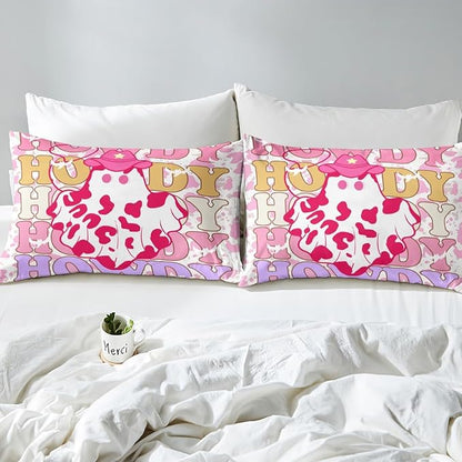 Western Ghost Fitted Sheet,Full Size Tribal Cowgirl Hat Cute Ghost Halloween Collections,Rustic Pink Cowhide Kawaii Cow Fur Print Bedding Deep Pocket for Teens Young with 2 Pillowcases