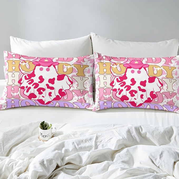 Western Ghost Fitted Sheet Queen Size Tribal Cowgirl Hat Cute Ghost Halloween Bedding Sheet Set,Rustic Pink Cowhide Kawaii Cow Fur Print Bed Cover Ultra Soft Breathable Bedding 3 Pcs