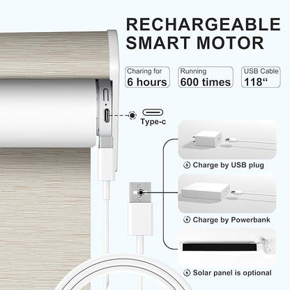BERISSA Motorized Blinds with Remote,Blackout Smart Roller Shades with App,Voice Control,Jacquard Fabric,Thermal Insulated Automatic Blinds,Electric Shades with USB/Solar Pannel.Maze Beige