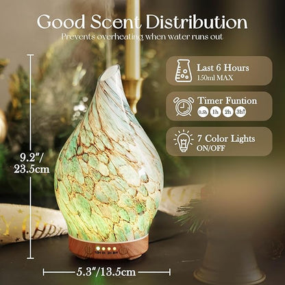 Porseme 150ml Glass Essential Oil Diffuser Aromatherapy Ultrasonic Cool Mist Humidifier 6 Running Hours Waterless Auto-Off Air Diffusers for Sleeping,Yoga,Office Working Spa and Rest (Light Blue)