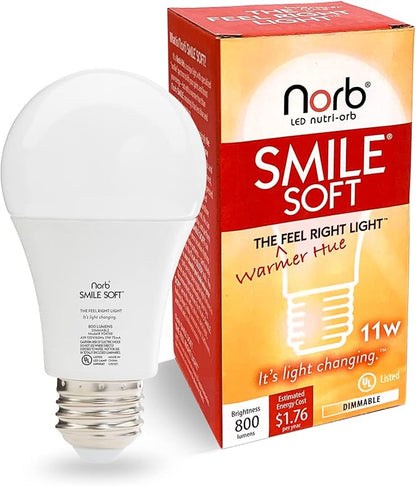 NorbSMILE Soft Full Spectrum Light Bulb - Sunlike Softer-Hue A19 Wellness LED. Boost Energy, Mood & Performance, Support Circadian Rhythm, Near-Perfect Color Rendering, Patented, US Based (1-Pack)