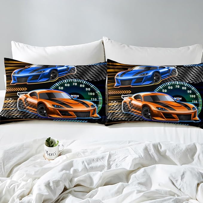 Cartoon Street Style Bed Sheet Set 3 Pieces,Extreme Sports Microfiber Bedding Set with Flat,Racing Car Fitted Sheet,2 Pillow Cases,Full Size