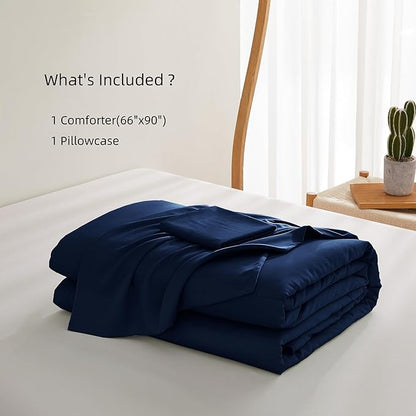 Zaizaihome Natural Bamboo Viscose Comforter Set Twin Size 2 Pieces, All-Season Soft Breathable Moisture-Wicking Quilt with Matching Pillowcase, Machine Washable, Quilted Fluffy Comforter (Navy Blue)