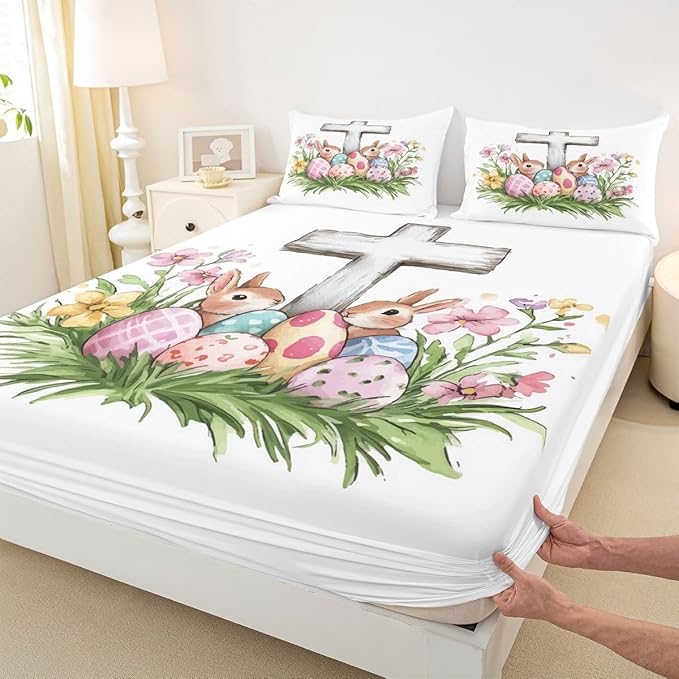 Cute Rabbit Fitted Sheet Twin Size Happy Easter Cartoon Animal Bedding Set for Kids Bedroom Easter Egg Spring Flowers Bed Sheet Set 2pcs White Colorful Deep Pocket Mattress Cover,No Top Flat