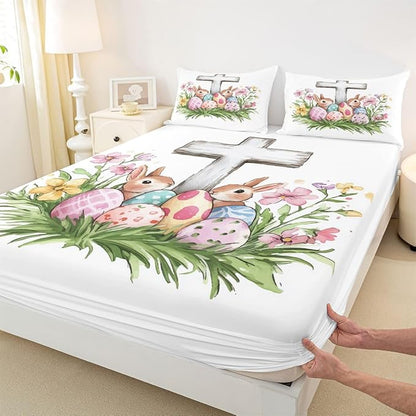 Cute Rabbit Fitted Sheet Queen Size Happy Easter Cartoon Animal Bedding Set for Kids Bedroom Easter Egg Spring Flowers Bed Sheet Set 3pcs White Colorful Deep Pocket Mattress Cover,No Top Flat