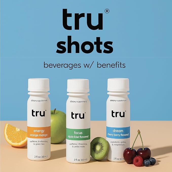 Tru Focus Shots, Nootropic Energy Drink with Yerba Mate, L Theanine & Natural Caffeine, Vegan Wellness Shot with Zero Sugar & Calories, Gluten Free, Keto Friendly, Apple Kiwi Flavor, 2 FL OZ, 12 Pack