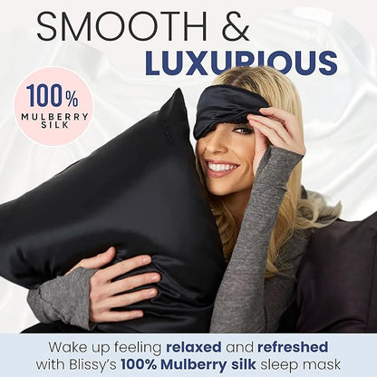 Blissy Silk Sleep Mask - Eye Sleeping Mask for Women & Men for Total Blackout - 100% Pure Mulberry Silk, 22 Momme 6a Fibers - Blindfold Sleep Mask Side Sleeper Eye Cover (Non Adjustable)