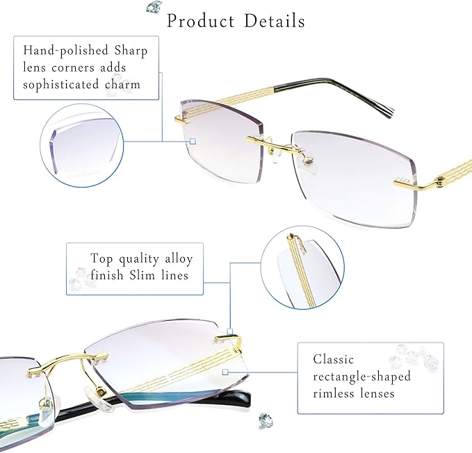 LifeArt Blue Light Blocking Glasses,Computer Reading Glasses,Rimless Frame Tinted Lens with Diamond,Stylish for Men (No Magnification)
