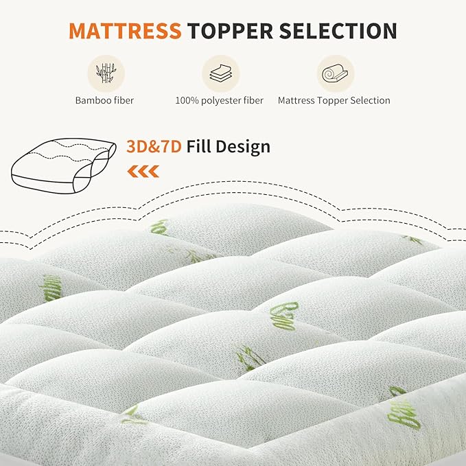 NEWBULIG Twin XL Mattress Topper Viscose Derived from Bamboo, Thick Pillow Top Mattress Pad with Stretchable Pockets, Soft Mattress Topper for Back Pain Relief
