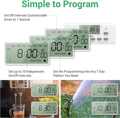 Digital Timer Switch - 2 Pack, 7 Day Programmable, 10 On/Off Settings, 24-Hour & 7-Day Programmable Electric Plug Timer