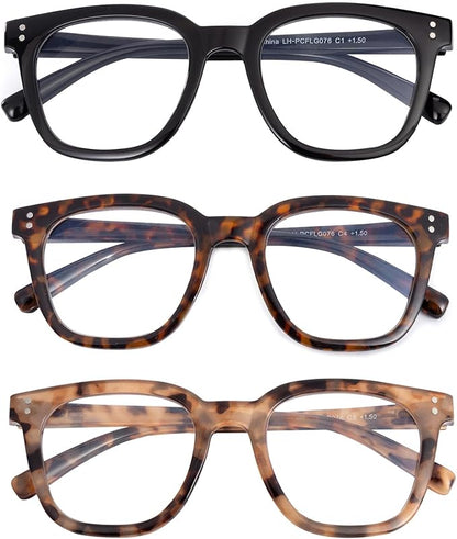 3 Pack Reading Glasses for Women Men, Square Blue Light Blocking Reading Glasses with Spring Hinge Anti Eyestrain Eyeglasses, Computer Readers with Glasses Chain, +1.5