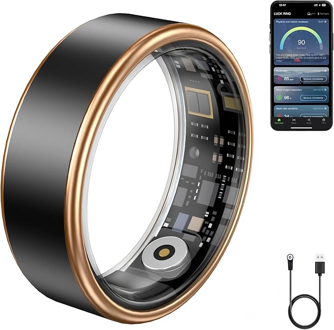 Smart Ring for Women & Men - IP68 Waterproof Fitness Tracker with Long Lasting Batteries, 28-Language App, Sleep/Step/Heart Rate Monitor, Compatible with iOS & Android (Black, 8)