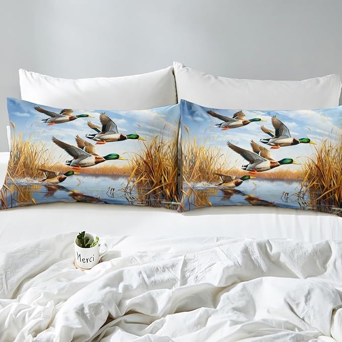 Mallard Duck Kids Fitted Sheet Twin Size,Hunting Fishing Cabin Farmhouse Bedding Set,Boys Girls Room Decor,Wild Bird Rustic Animal Bed Cover,Blue Yellow Bed Sheet,1 Pillowcase