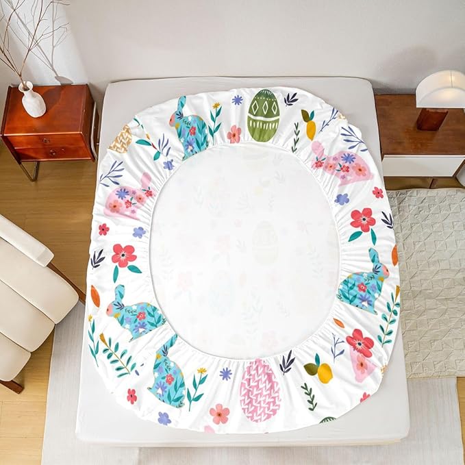 Happy Easter Fitted Sheet Queen Size Easter Egg Cute Rabbit Bedding Set for Kids Bedroom Floral Spring Flowers Bed Sheet Set 3pcs Colorful Deep Pocket Mattress Cover,No Top Flat